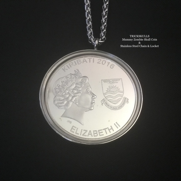 Mummy Zombie Enamel Coin in Stainless Locket & Custom Size Wheat Link Chain - Picture 10 of 10